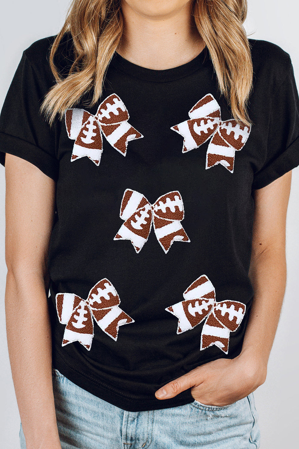 Black Rugby Football Bowknot Pattern Game Day T Shirt Graphic Tees JT's Designer Fashion