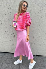 Sachet Pink Striped Print Crew Neck Drop Shoulder Sweatshirt Sweatshirts & Hoodies JT's Designer Fashion