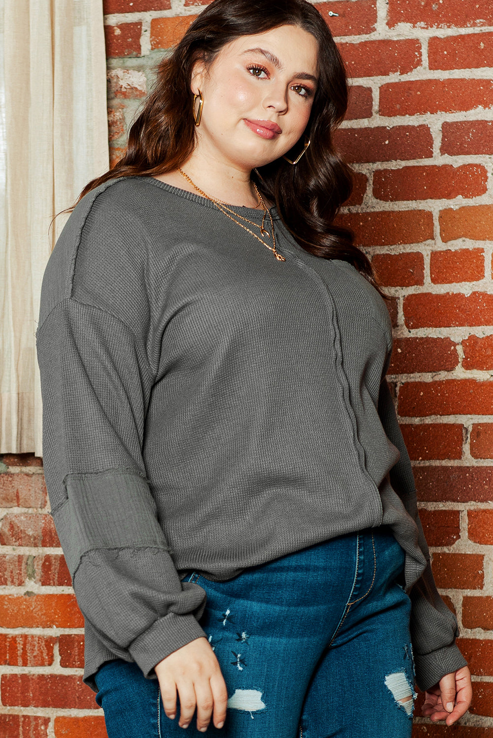 Dark Grey Pink Distressed Crinkle Patchwork Plus Size Top Plus Size JT's Designer Fashion