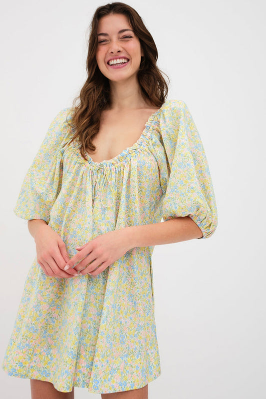 Green Floral Half Sleeve Frilled U Neck A-line Short Dress Floral Dresses JT's Designer Fashion