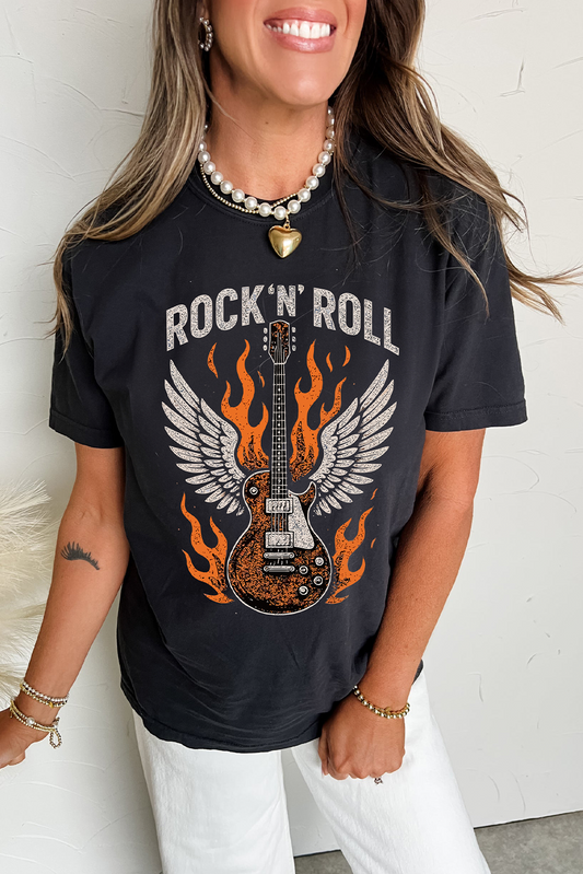 Black Guitar Wings Slogan Print Crew Neck T Shirt Graphic Tees JT's Designer Fashion