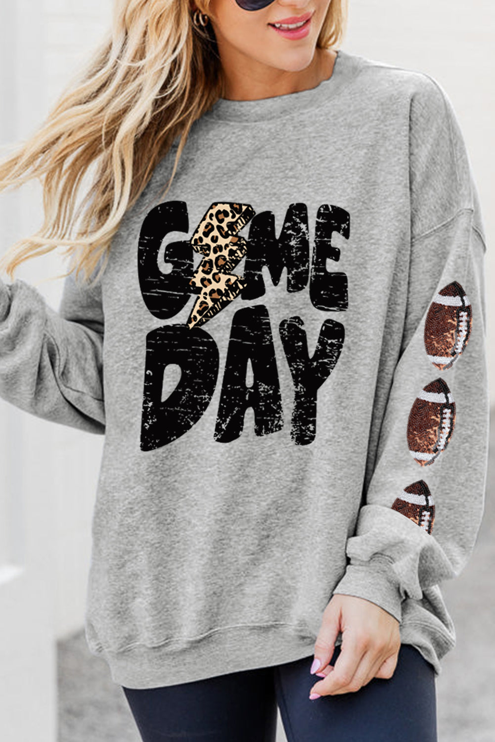 Gray GAME DAY Sequin Rugby Football Drop Shoulder Sweatshirt Gray 50%Polyester+50%Cotton Graphic Sweatshirts JT's Designer Fashion