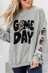 Gray GAME DAY Sequin Rugby Football Drop Shoulder Sweatshirt Gray 50%Polyester+50%Cotton Graphic Sweatshirts JT's Designer Fashion