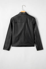 Black Faux Leather Buttoned Front Boxy Jacket Jackets JT's Designer Fashion