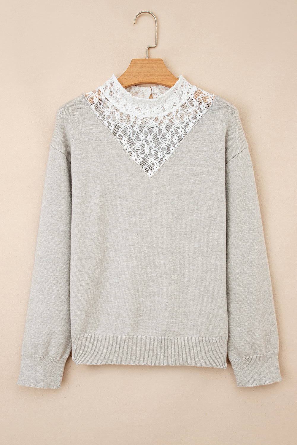Light Grey Button Keyhole Lace Patchwork Drop Shoulder Sweater Sweaters JT's Designer Fashion