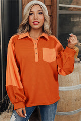 Orange Stripe Exposed Seam Henley Turn-down Neck Puff Sleeve Sweatshirt Sweatshirts & Hoodies JT's Designer Fashion