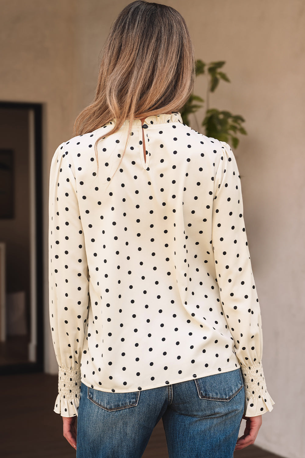 Apricot Polka Dot Print Frilled Collar Lantern Sleeve Blouse Blouses & Shirts JT's Designer Fashion