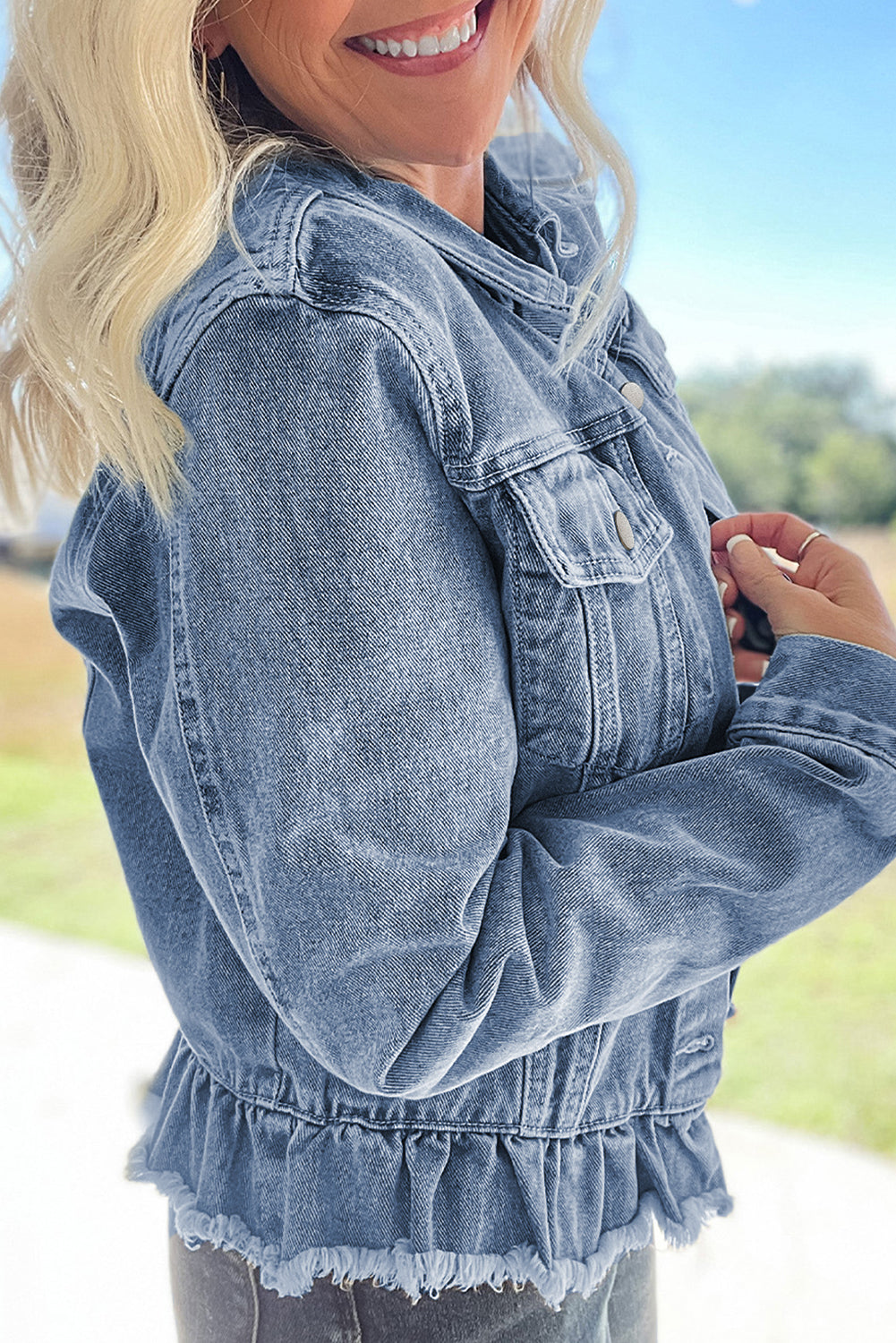 Beau Blue Ruffle Raw Hem Flap Pockets Denim Jacket Denim Jackets JT's Designer Fashion