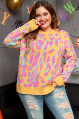 Bright Pink Plus Size Leopard Ribbed Trim Sweater Bright Pink 50%Viscose+28%Polyester+22%Polyamide Plus Size Sweaters & Cardigans JT's Designer Fashion
