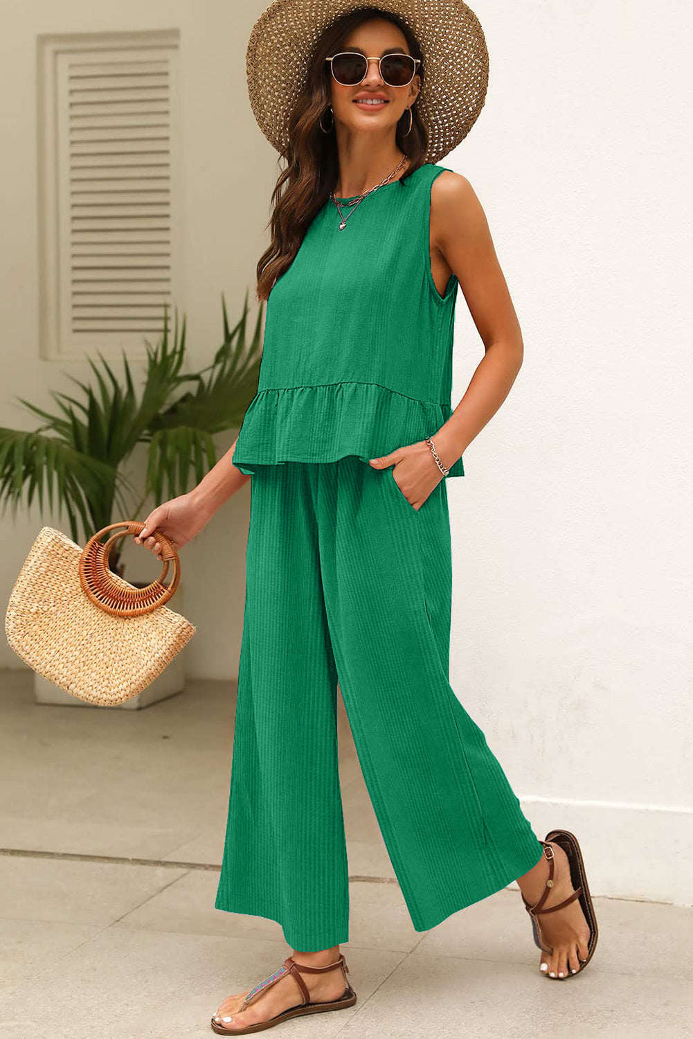 Green Solid Color Ribbed Ruffle Tank Top and Pants Set Pant Sets JT's Designer Fashion
