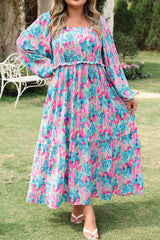Sky Blue Floral Allover Print Shirred Square Neck Plus Size Maxi Dress Plus Size Maxi Dresses JT's Designer Fashion