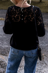 Black Lace Crochet Patchwork O Neck Long Sleeve Top Long Sleeve Tops JT's Designer Fashion