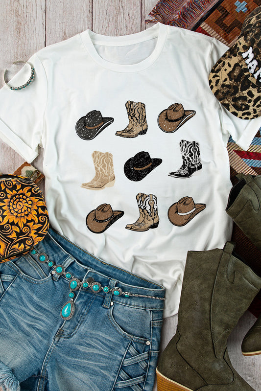 White Cowboys Boots Western Fashion Print T Shirt Graphic Tees JT's Designer Fashion