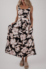 Black Floral Cutout Square Neck Knot Back Sleeveless Long Dress Black 100%Viscose Maxi Dresses JT's Designer Fashion