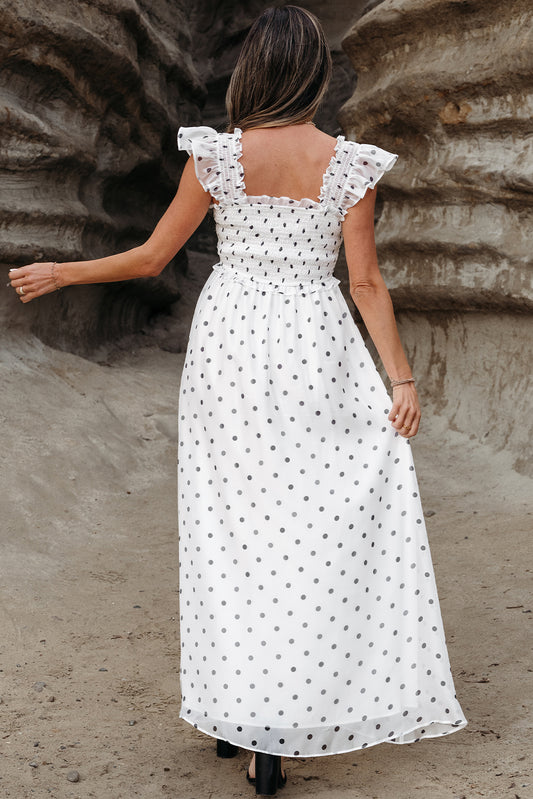 White Polka Dot Flutter Sleeve Square Neck Smocked Long Dress Maxi Dresses JT's Designer Fashion