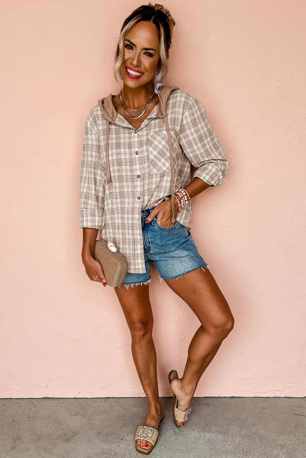 Khaki Checkered Print Loose Fit Buttoned Hooded Shacket Plaid Shackets JT's Designer Fashion