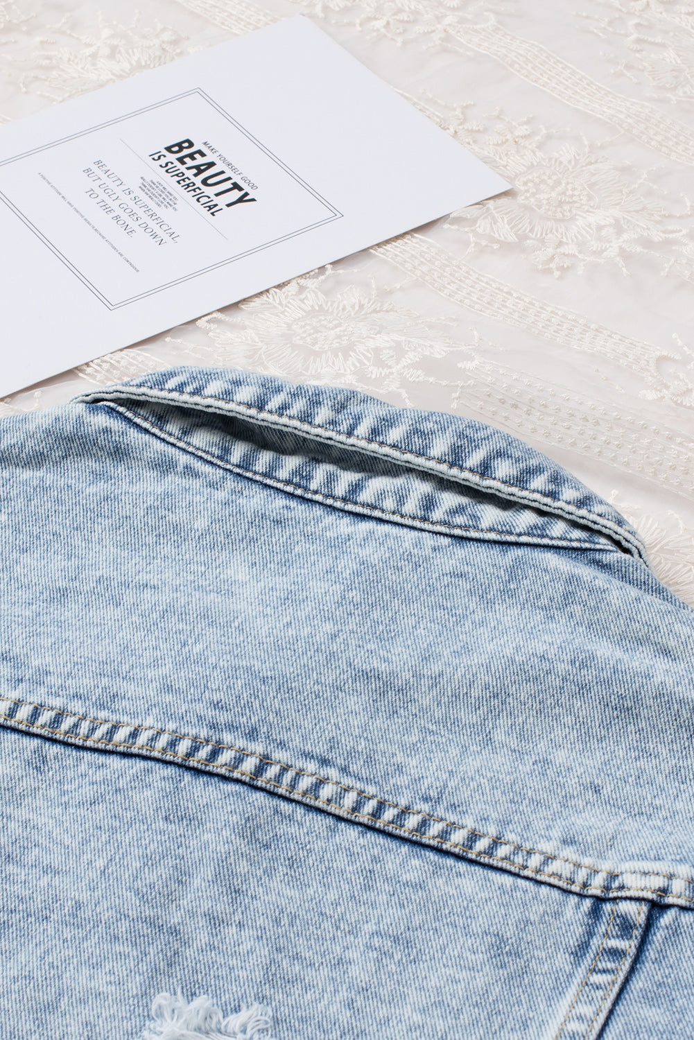 Sky Blue Lapel Distressed Raw Hem Buttons Denim Jacket Denim Jackets JT's Designer Fashion