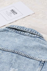 Sky Blue Lapel Distressed Raw Hem Buttons Denim Jacket Denim Jackets JT's Designer Fashion