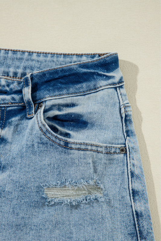 Light Blue Distressed Ripped Raw Hem Straight Jeans Jeans JT's Designer Fashion