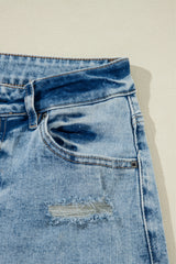 Light Blue Distressed Ripped Raw Hem Straight Jeans Jeans JT's Designer Fashion