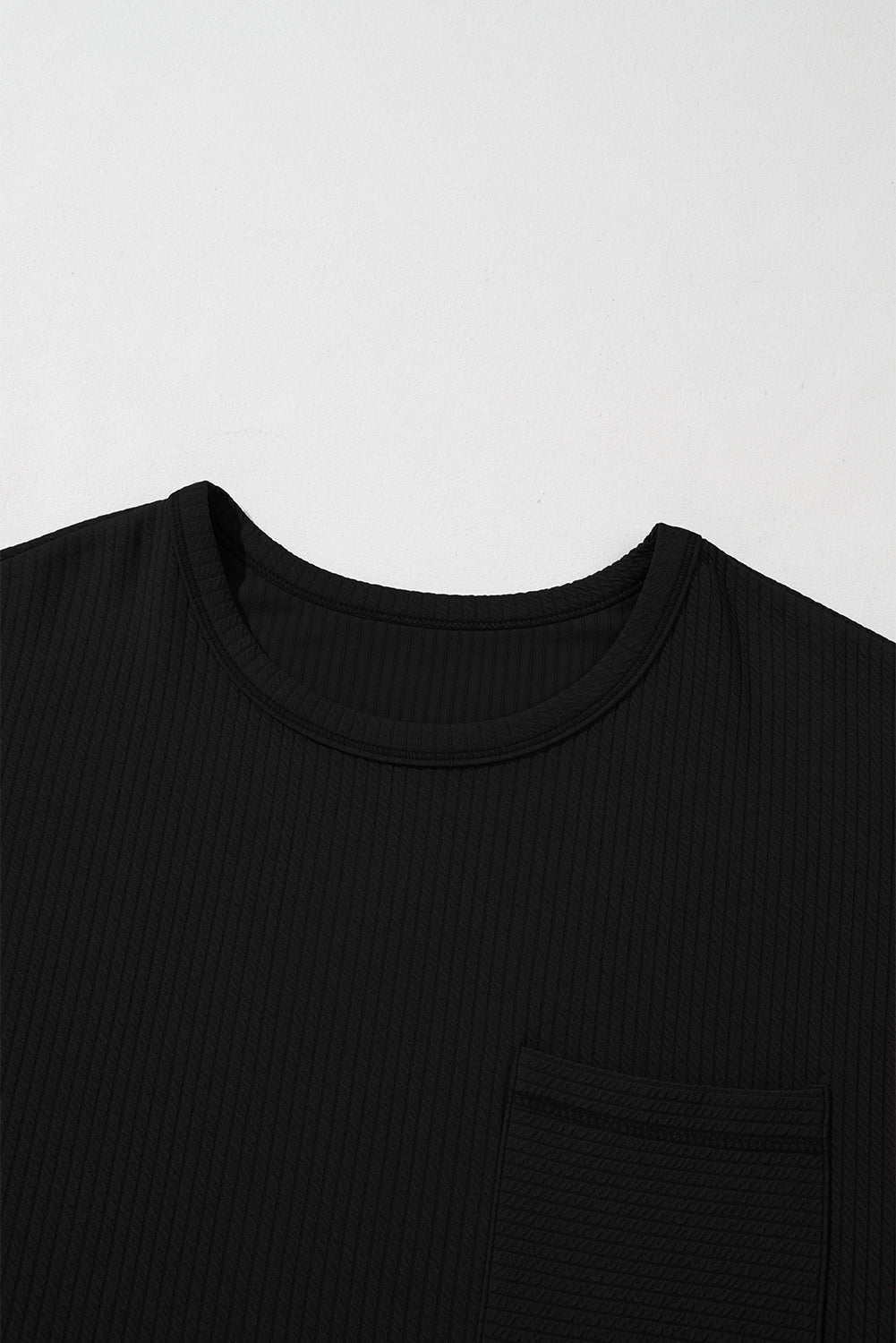 Black Solid Color Corded Drop Shoulder Long Sleeve Top Long Sleeve Tops JT's Designer Fashion