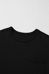 Black Solid Color Corded Drop Shoulder Long Sleeve Top Long Sleeve Tops JT's Designer Fashion