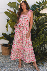 Pink Floral Lace Tied Strap Empire Waist Maxi Dress Floral Dresses JT's Designer Fashion