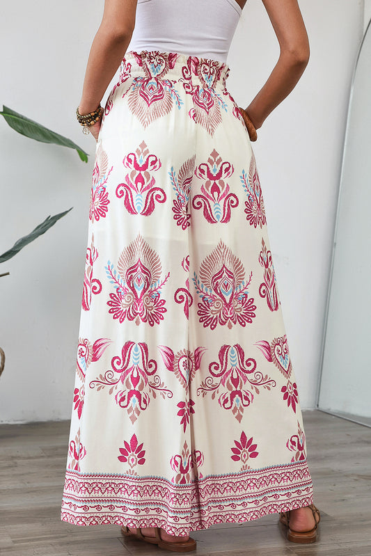 Rose Boho Printed Shirred High Waist Flowy Wide Leg Pants Pants & Culotte JT's Designer Fashion