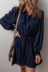 Navy Blue Solid Chest Pockets Tunic Shirt Mini Dress Mini Dresses JT's Designer Fashion