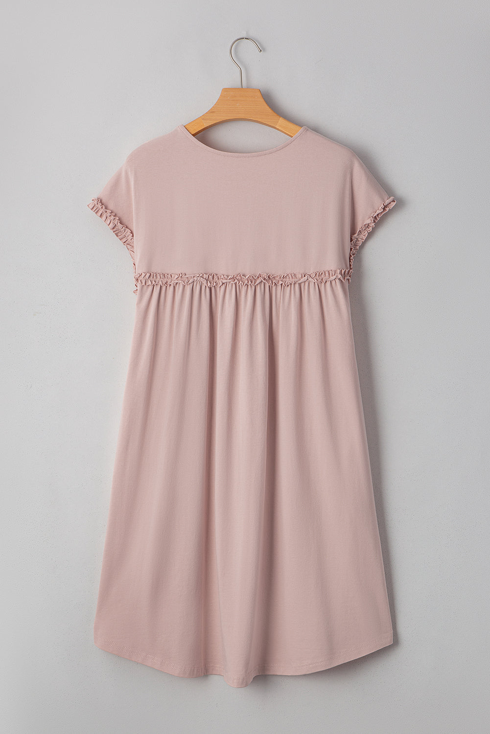 Oatmeal Frilled Trim Crew Neck Loose Fit Mini Dress Mini Dresses JT's Designer Fashion