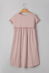 Oatmeal Frilled Trim Crew Neck Loose Fit Mini Dress Mini Dresses JT's Designer Fashion