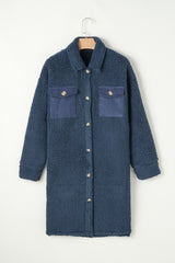 Blue Contrast Flap Pocket Single Breasted Teddy Coat Coats JT's Designer Fashion
