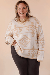 Apricot Plus Size Western Aztec Print Loose Sweater Plus Size Sweaters & Cardigans JT's Designer Fashion