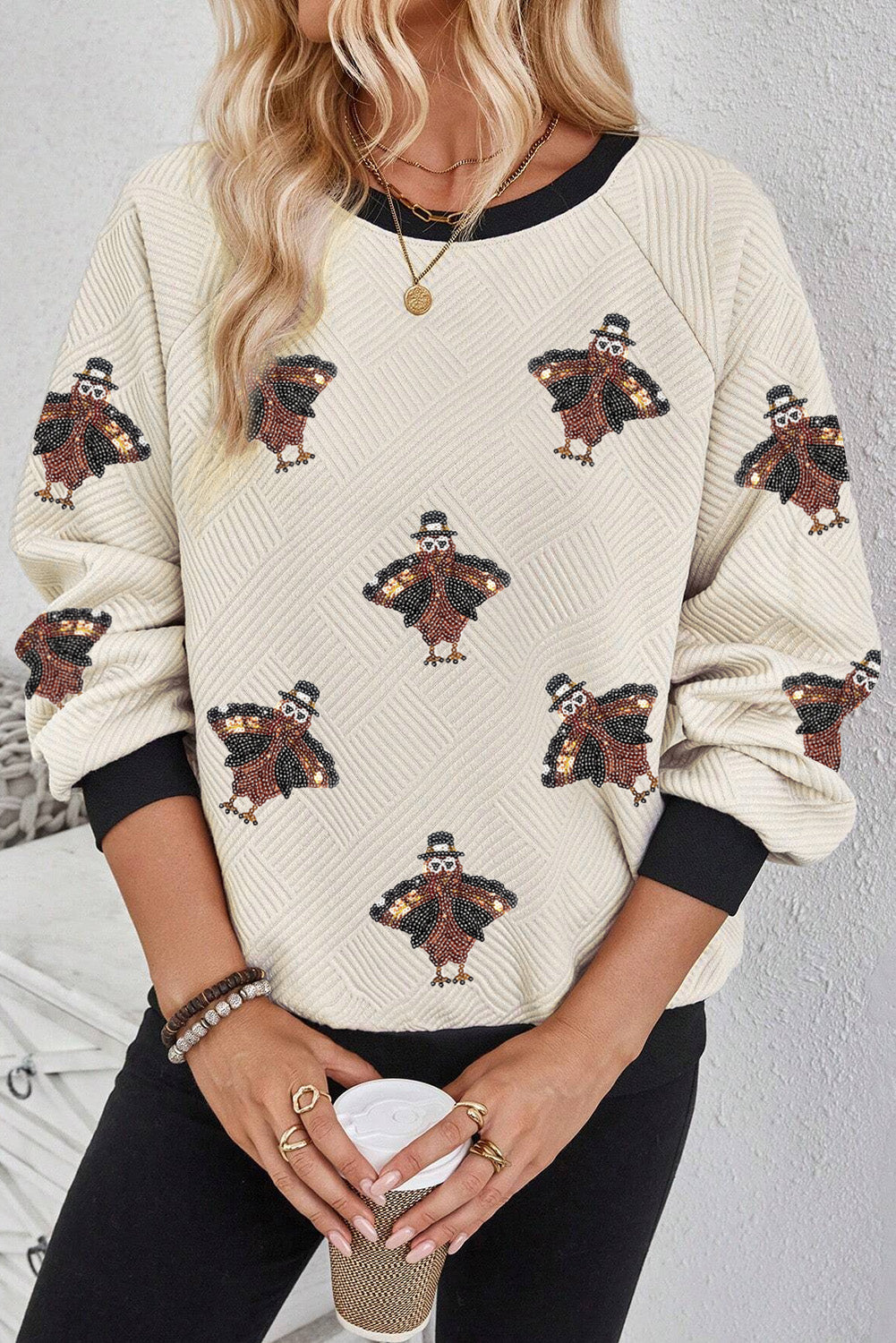 Jet Stream Textured Colorblock Edge Sequin Turkey Graphic Long Sleeve Top Jet Stream 97%Polyester+3%Elastane Graphic Sweatshirts JT's Designer Fashion