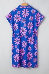 Purple Floral Striped Quarter Zip Cap Sleeve Drawstring Waist Mini Dress Floral Dresses JT's Designer Fashion