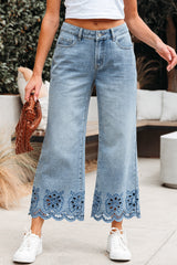 Dusk Blue Embroidered Cropped Wide Leg High Waist Jeans Jeans JT's Designer Fashion