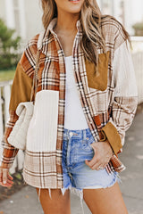Orange Plaid Color Block Patchwork Shirt Jacket with Pocket Plaid Shackets JT's Designer Fashion