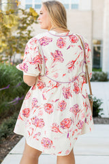 White Floral Print Lace up V Neck Balloon Sleeve Plus Size Shift Mini Dress Plus Size Mini Dresses JT's Designer Fashion