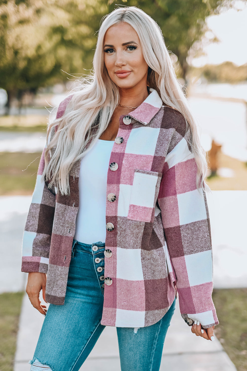 Plaid Color Block Buttoned Long Sleeve Jacket with Pocket Plaid Shackets JT's Designer Fashion