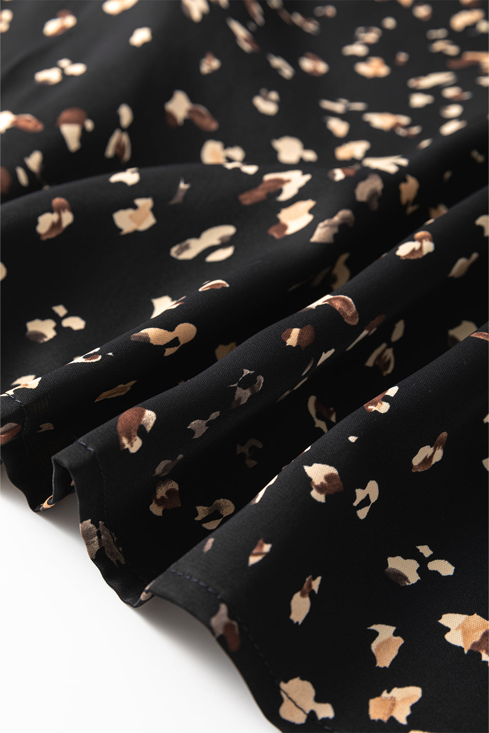 Black Leopard Print Lantern Sleeve Mock Neck Pleated Blouse Blouses & Shirts JT's Designer Fashion