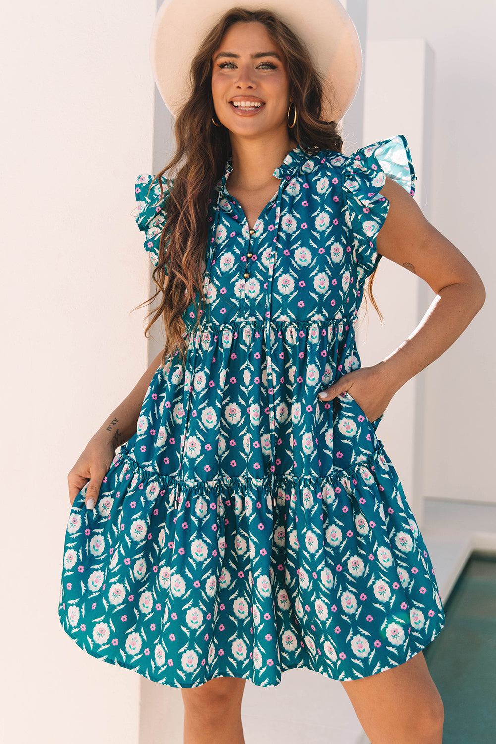Blue Retro Floral Print Split Neck Ruffle Short Sleeve Dress Blue 100%Polyester Floral Dresses JT's Designer Fashion