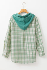 Green Checkered Print Loose Fit Buttoned Hooded Shacket Plaid Shackets JT's Designer Fashion
