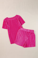 Bright Pink Casual Pleated Short Two-piece Set Short Sets JT's Designer Fashion