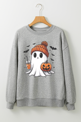 Gray Halloween Ghost Print Crewneck Drop Shoulder Sweatshirt Graphic Sweatshirts JT's Designer Fashion