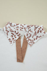 White Leopard Patchwork Turn-down Collar Waffle Top Long Sleeve Tops JT's Designer Fashion