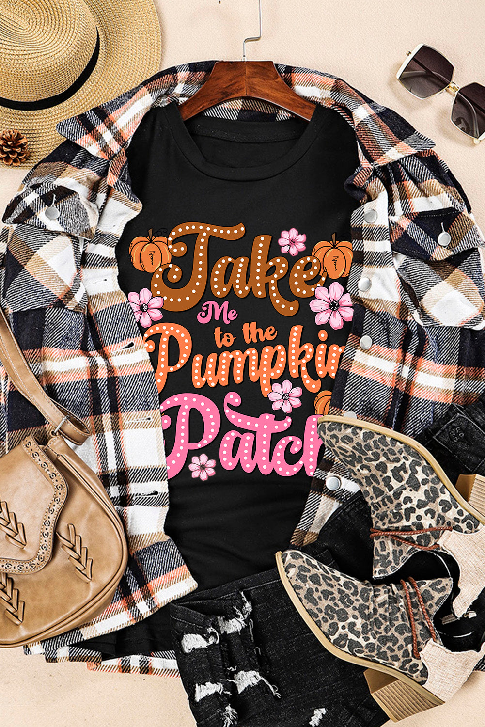 Black Take Me To The Pumpkin Patch Flower Print T Shirt Graphic Tees JT's Designer Fashion
