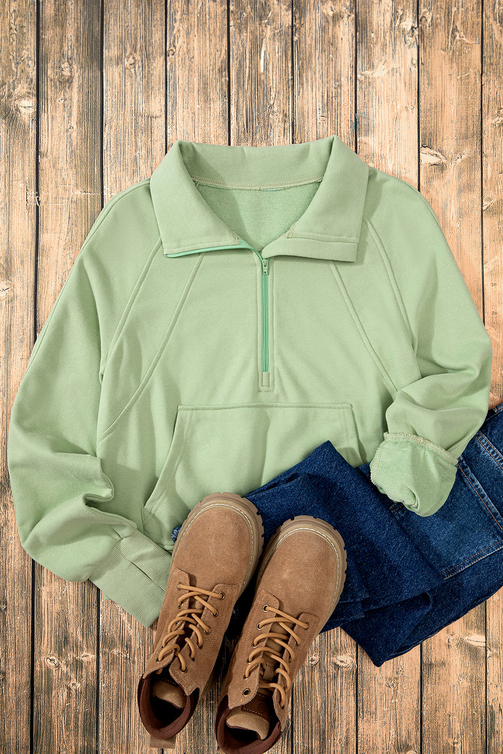 Smoke Green Quarter Zip Stand Neck Kangaroo Pocket Sweatshirt Sweatshirts & Hoodies JT's Designer Fashion