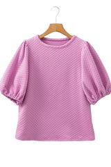 Phalaenopsis Solid Textured O Neck Puff Sleeve Blouse Blouses & Shirts JT's Designer Fashion