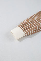 Khaki Stripe Patched Edge Textured Round Neck Long Sleeve Top Long Sleeve Tops JT's Designer Fashion