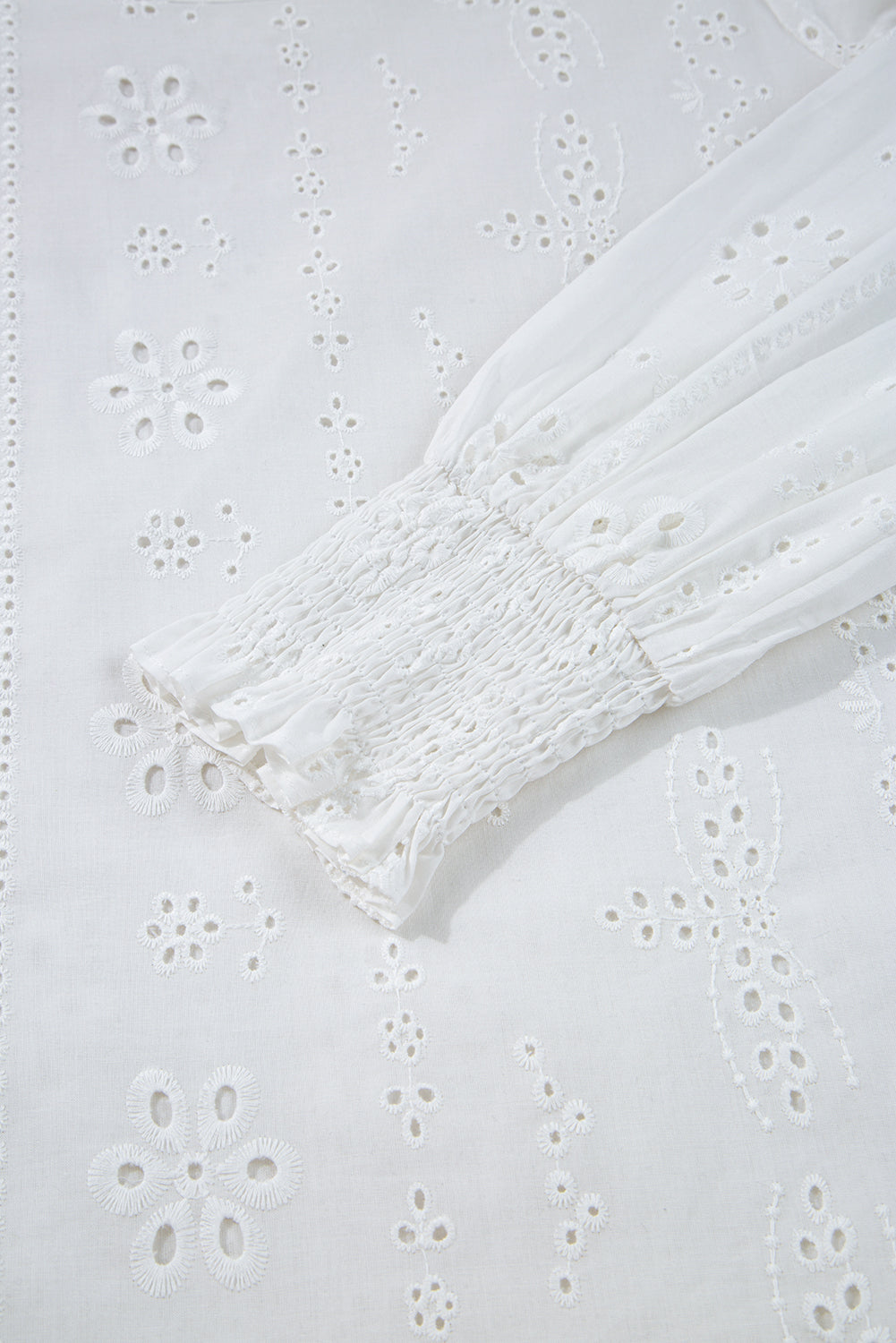 White Eyelet Embroidered Smocked Cuff Sheer Blouse Blouses & Shirts JT's Designer Fashion